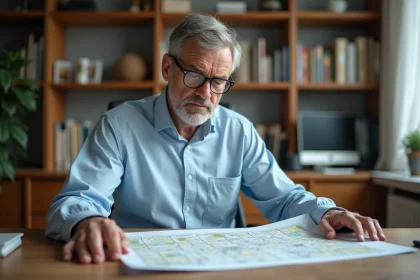 Homme consultant un plan cadastral pour trouver le propriétaire d'une parcelle de terrain