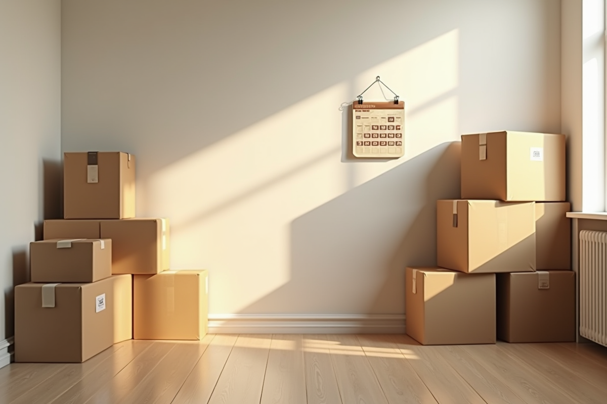 Couloir vide avec caisses de déménagement et calendrier marqué