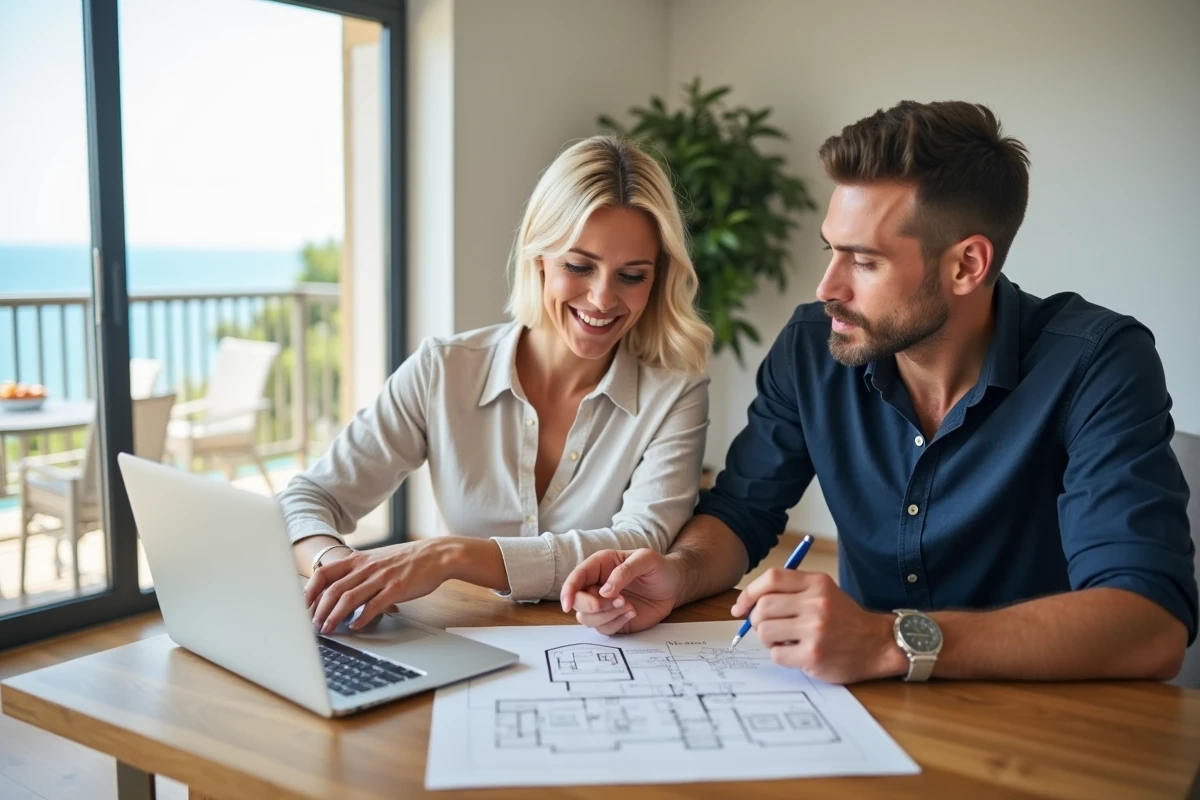 Couple examinant les documents de vente d'un appartement Pierre et Vacances avec un ordinateur portable sur la table