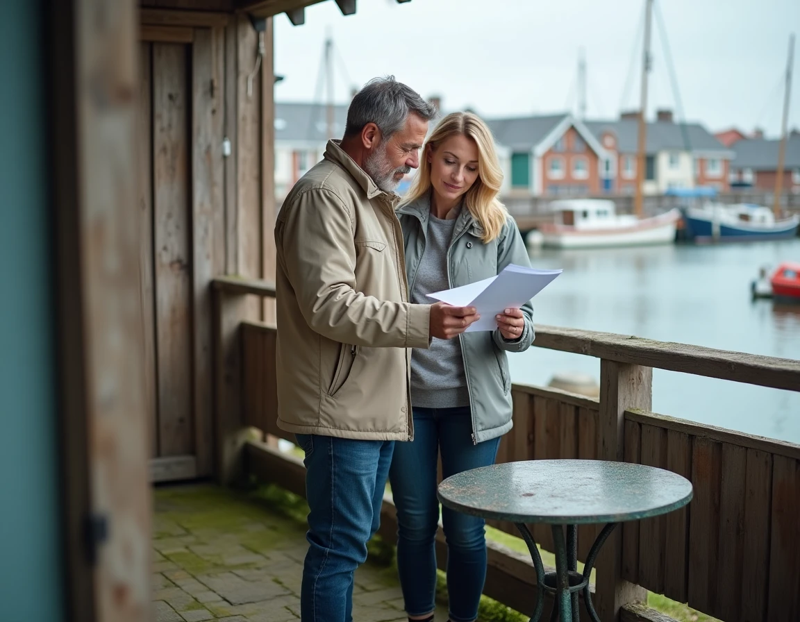 Couple examinant une offre d'achat sur la terrasse d'une maison de pêcheur avec vue sur le port