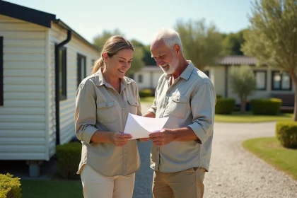 Couple examinant des documents devant leur parcelle en résidence de plein air, illustrant l'achat en copropriété dans un PRL