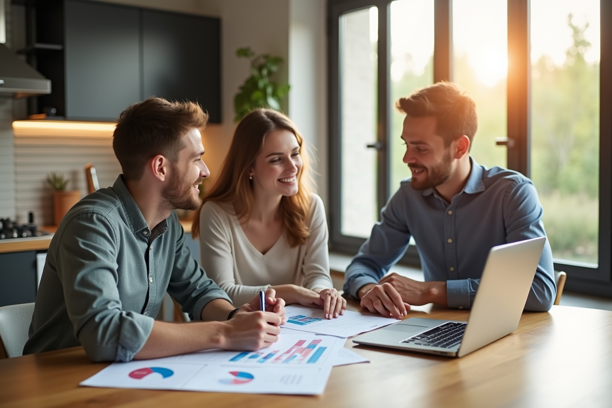 Jeune couple professionnel analysant documents locatifs
