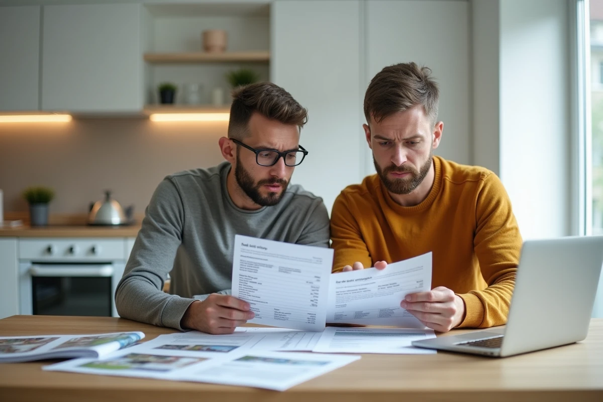 Couple étudiant le calcul des frais de notaire et les honoraires à la charge du vendeur autour d'une table avec des documents immobiliers