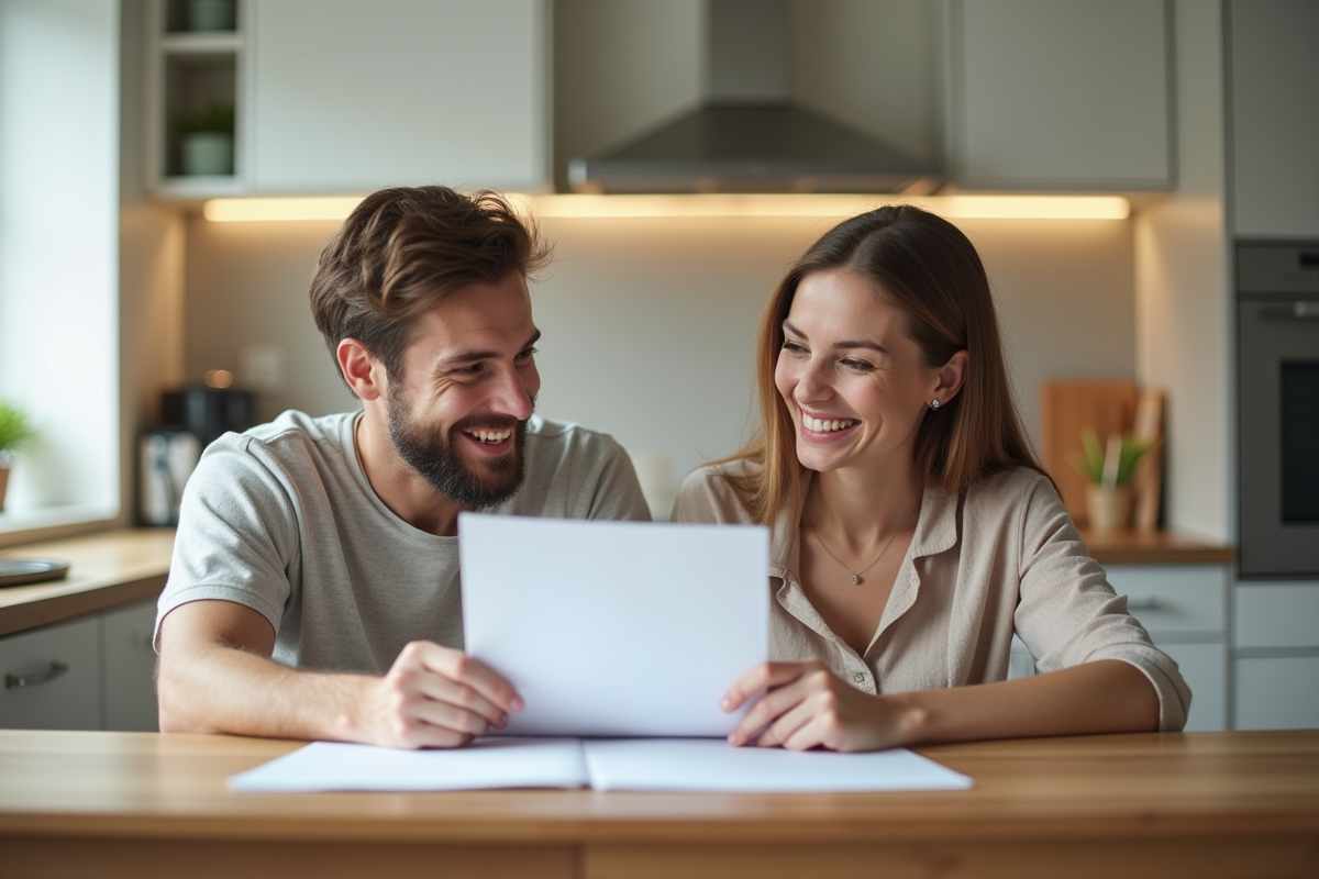 Couple souriant vérifiant documents d'assurance maison