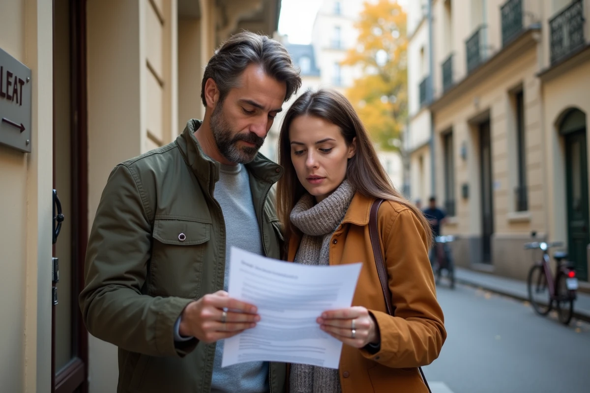 Couple consultant un contrat de bail devant un immeuble résidentiel lors d'une recherche rapide de logement pour mutation