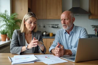 Couple discutant de documents immobiliers dans une cuisine lumineuse