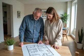 Couple français discutant plan appartement moderne