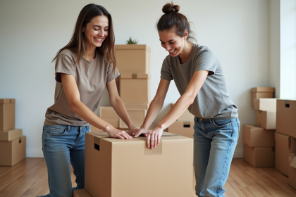 Jeune couple souriant emballant un carton dans un appartement