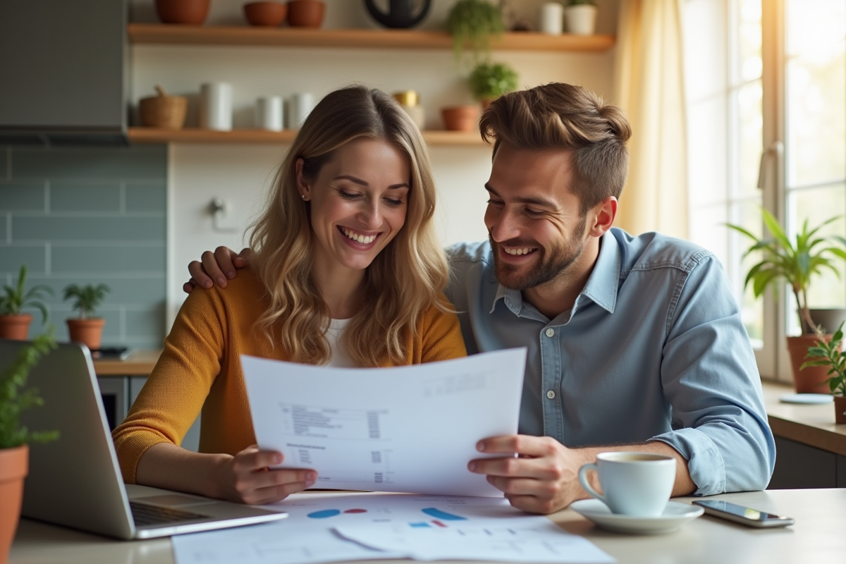 Couple souriant à la cuisine pour article finances