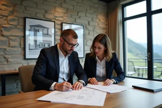 Couple français examinant des documents immobiliers dans un bureau notarial moderne en Andorre avec vue sur les Pyrénées