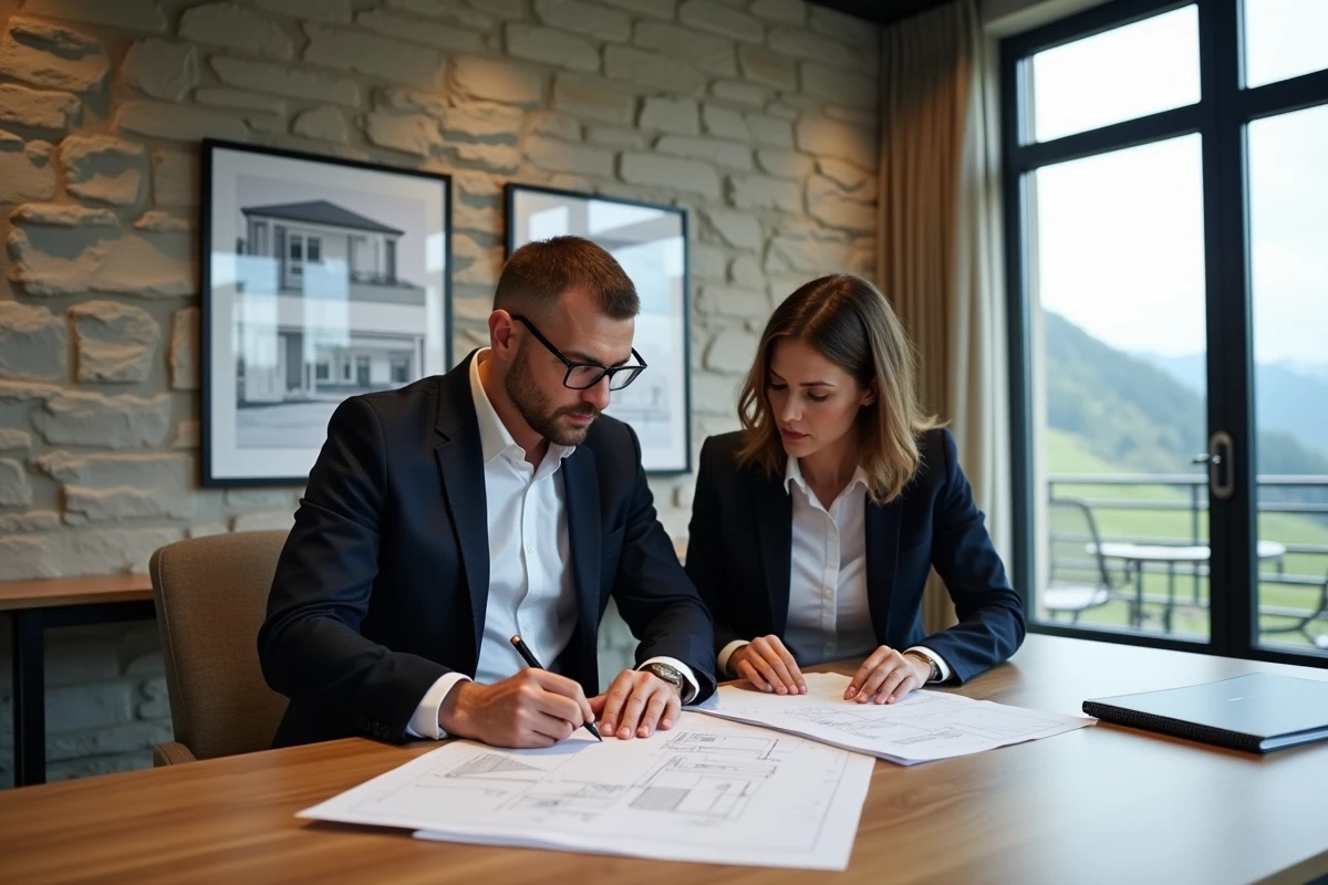 Couple français examinant des documents immobiliers dans un bureau notarial moderne en Andorre avec vue sur les Pyrénées