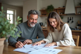 Couple français dans leur appartement discutant de documents immobiliers