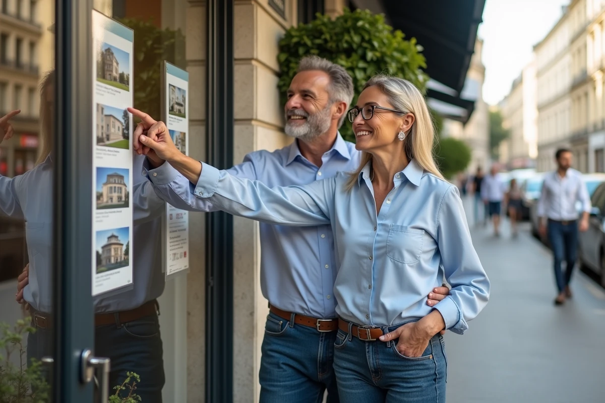 Couple français regardant annonces immobilières dans Paris