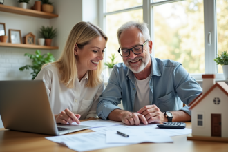 Couple souriant examinant documents immobiliers et taxes