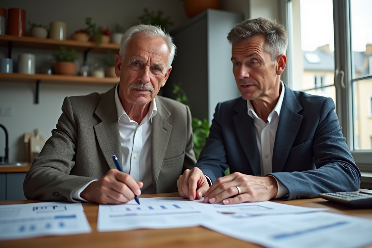 Couple français en cuisine examinant documents fiscaux