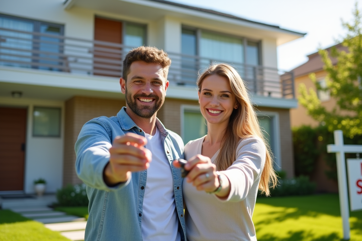 Couple heureux tenant des clés devant une maison à vendre