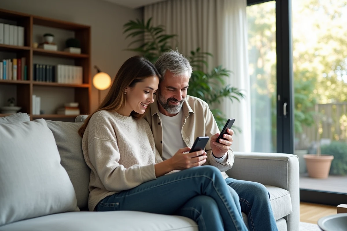 Couple consultant ensemble l'espace client MyFoncia sur mobile dans leur salon