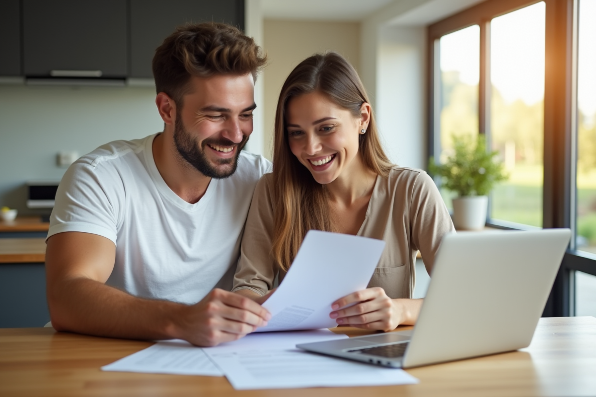 Jeune couple souriant discutant de prêt avec ordinateur
