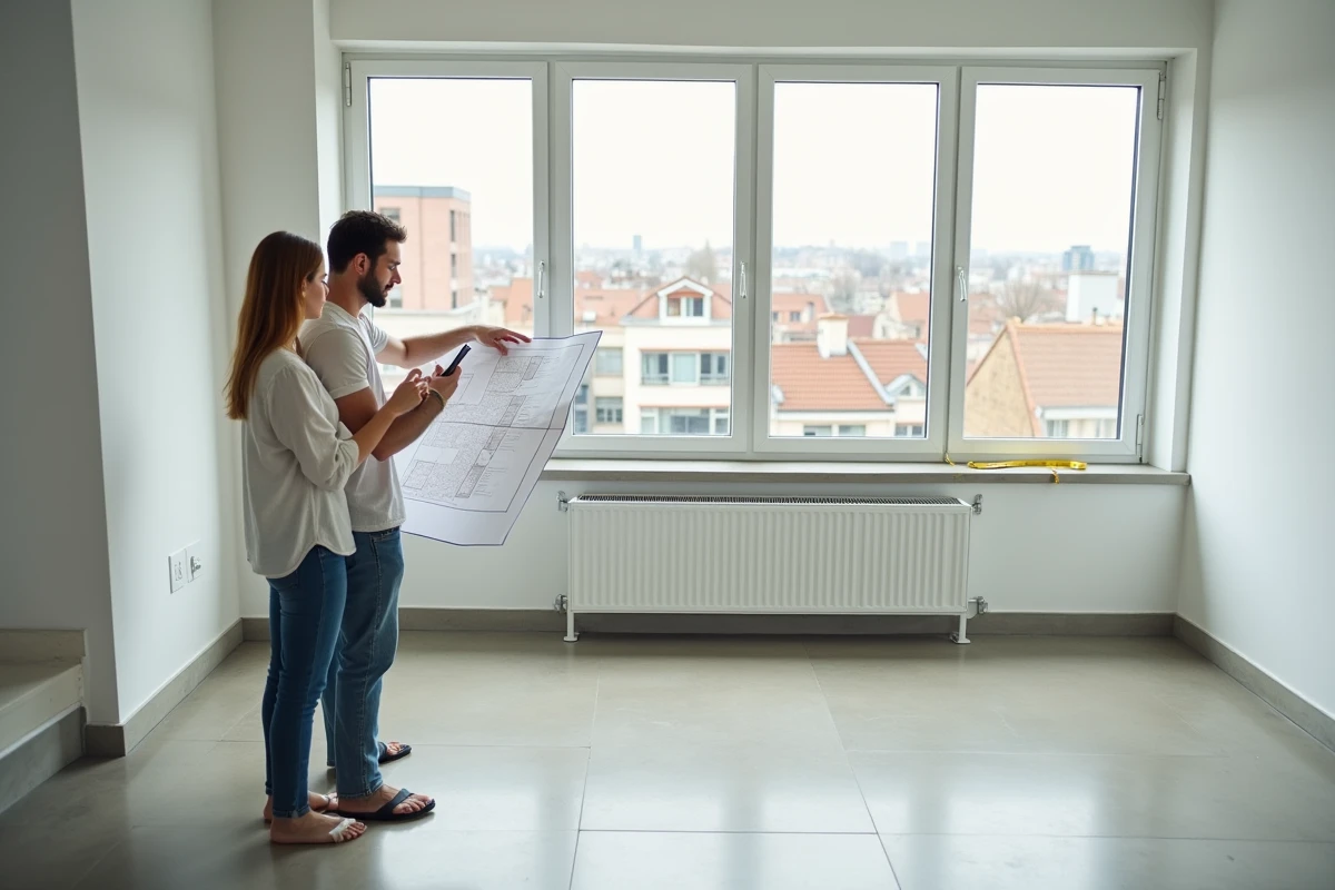 Jeune couple étudiant un plan d'appartement lors d'une visite immobilière dans un appartement vide moderne