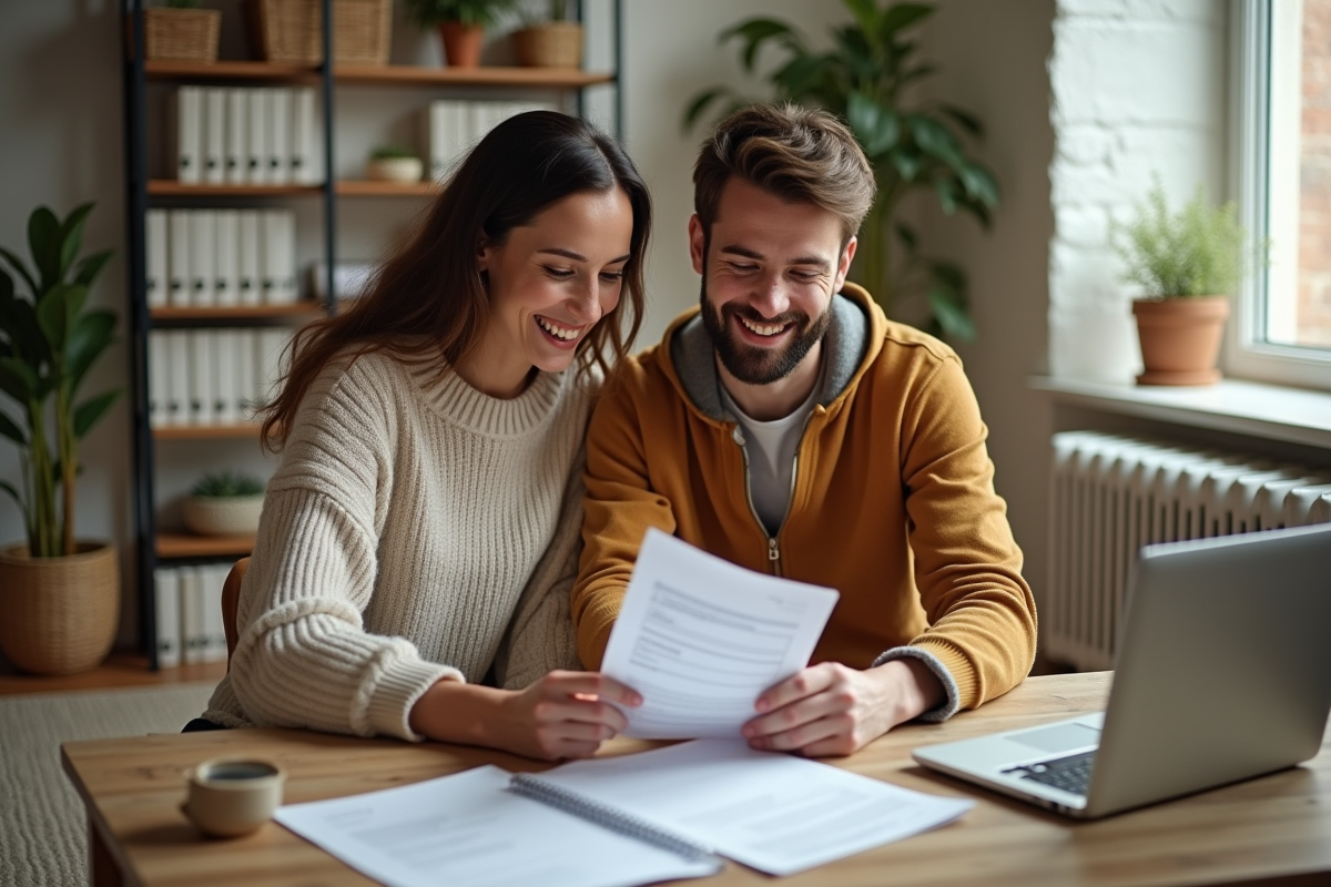 Jeune couple comparant des offres de prêt dans leur salon