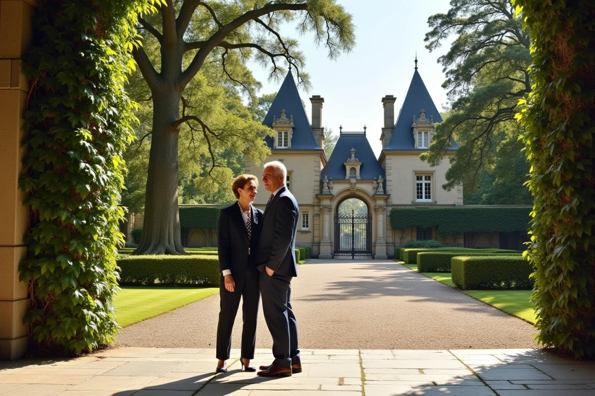 Couple de propriétaires devant un château de prestige avec jardins à la française et allée en gravier