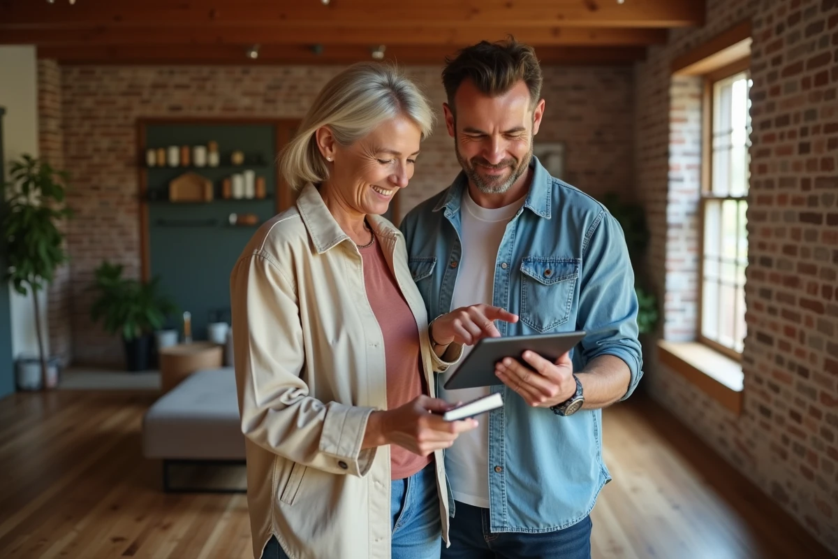 Couple de propriétaires consultant ensemble un outil d'estimation immobilière en ligne avant leur première vente