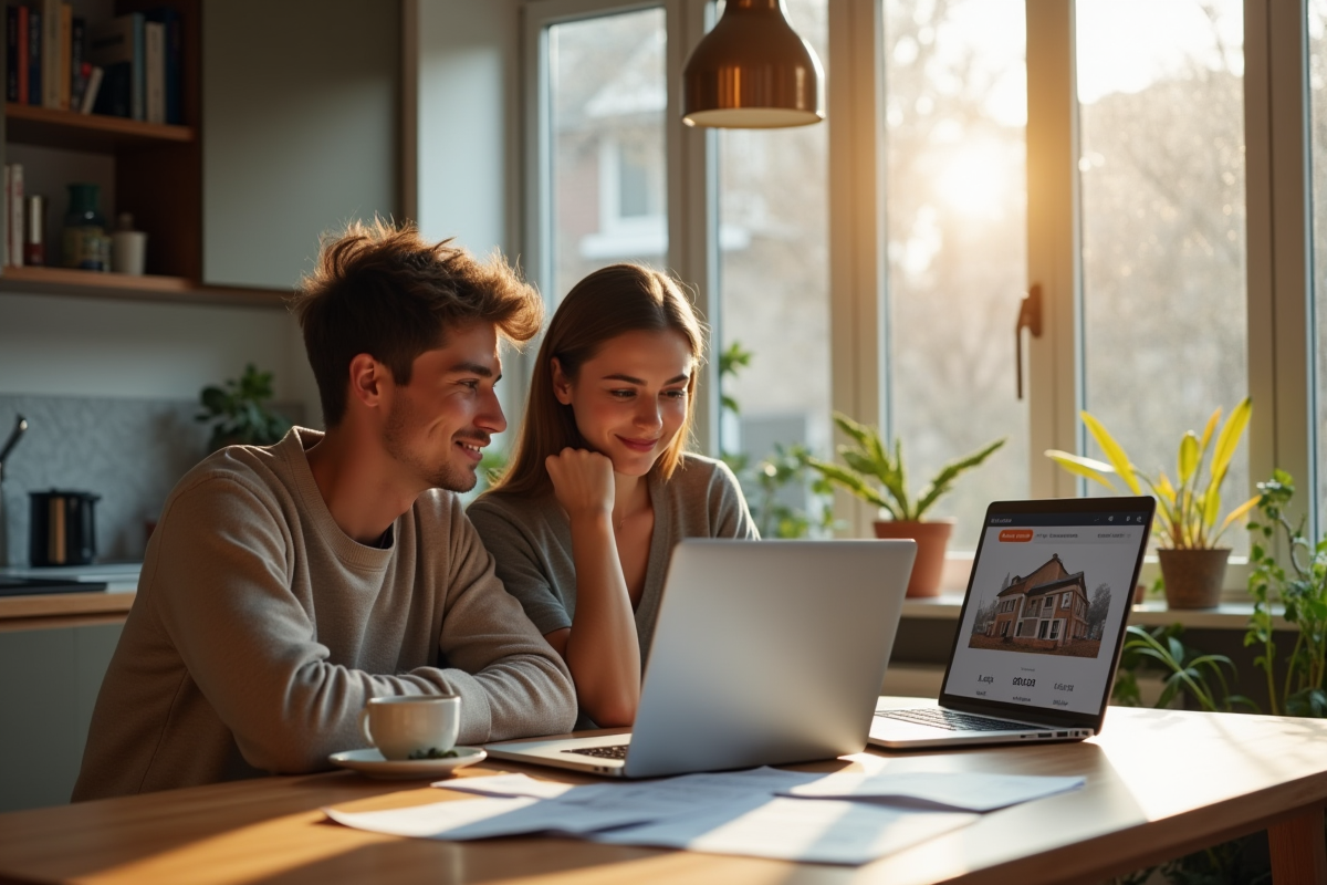 Jeune couple cherchant un bien immobilier dans un appartement moderne