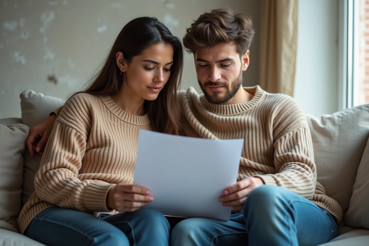 Jeune couple réfléchissant sur un dossier à la maison