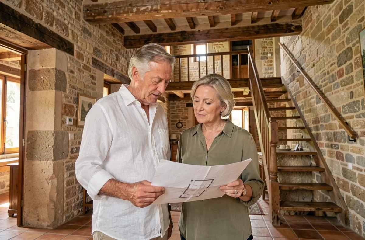 Couple de seniors examinant les plans de leur maison familiale en pierre pour anticiper la transmission immobilière