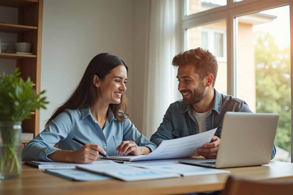 Jeune couple discutant de finances dans une cuisine lumineuse