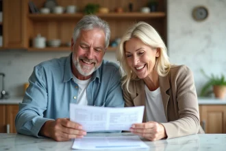 Couple souriant examinant un rapport immobilier dans leur cuisine