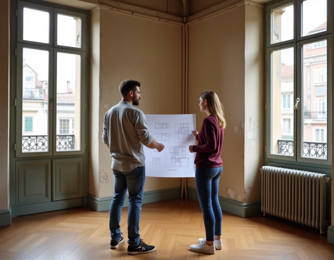 Couple examinant les plans d'un appartement à rénover dans un immeuble haussmannien à Lyon