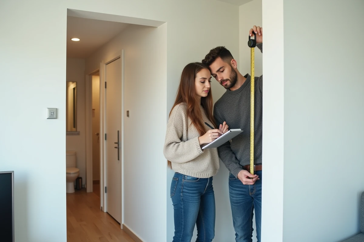 Jeune couple visitant un appartement T1bis et mesurant la séparation de la chambre lors d'une visite immobilière