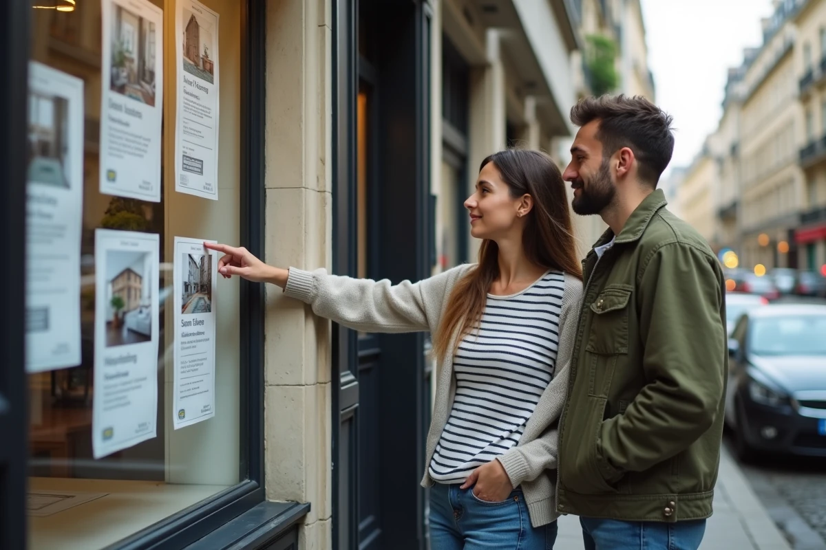 Couple devant une vitrine d'agence immobilière regardant des annonces d'appartements T3 et F3 à Paris