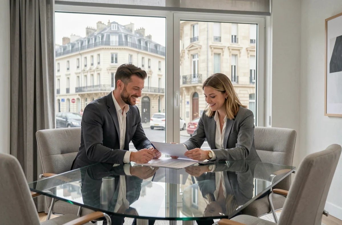 Deux agents immobiliers de Caen examinant un contrat de location dans un bureau moderne avec vue sur la ville