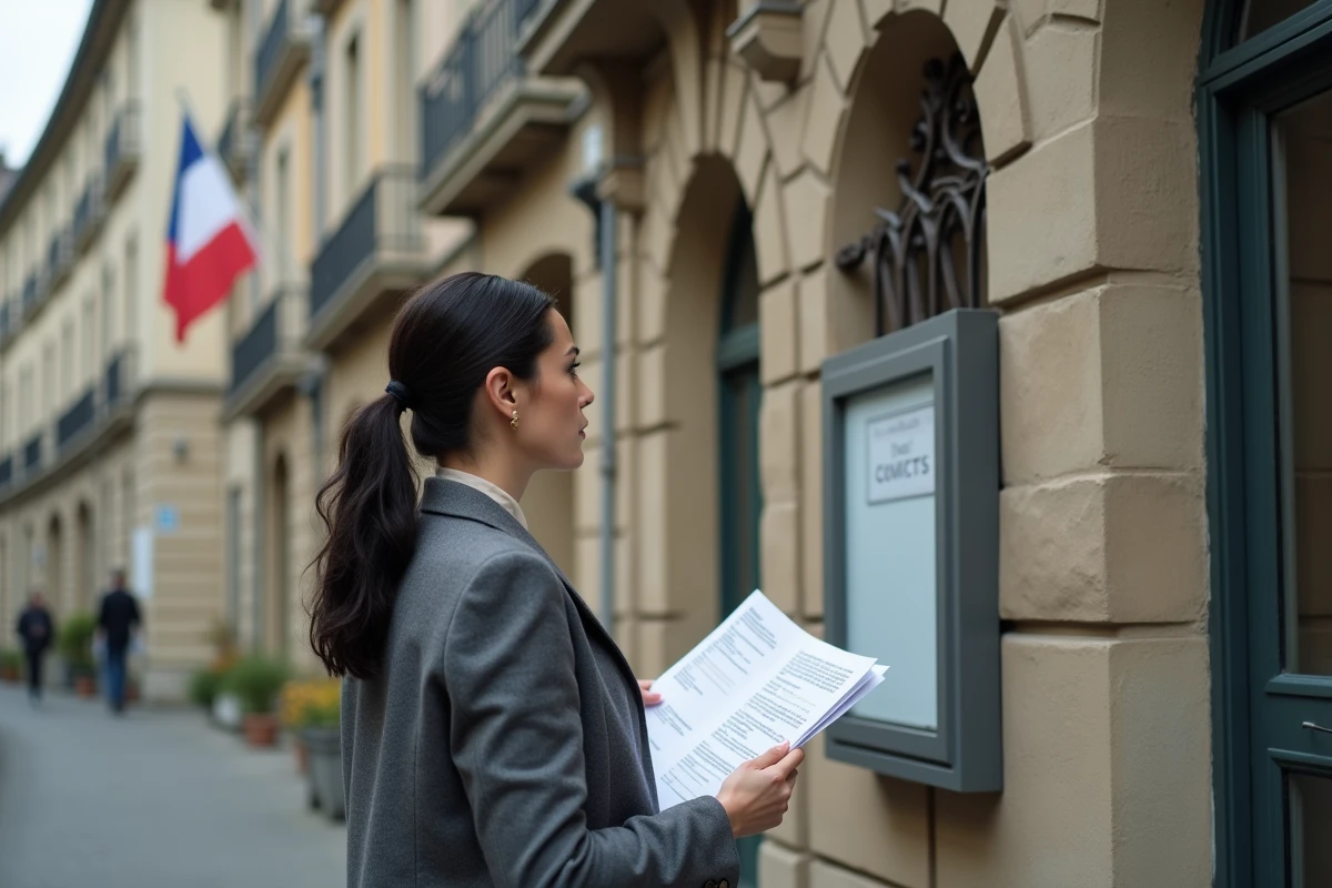 Femme devant la mairie consultant des documents officiels pour identifier le propriétaire d'une parcelle