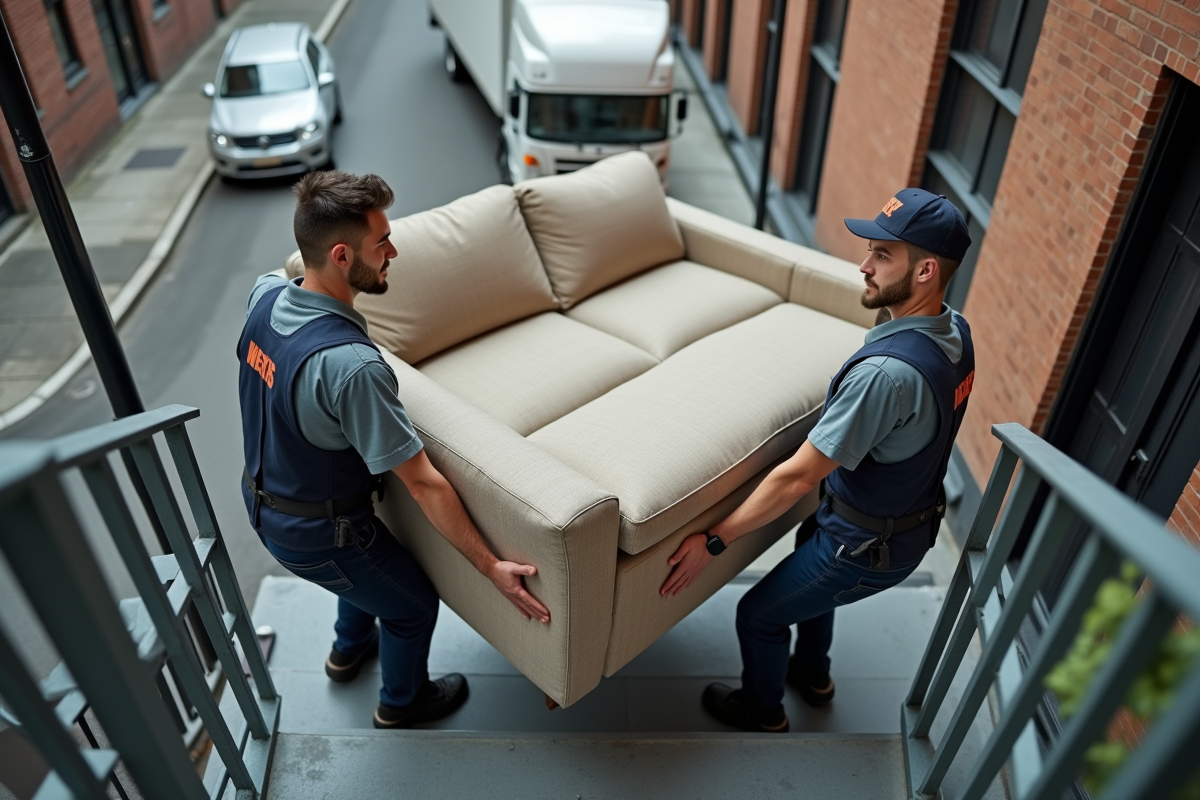 Jeunes déménageurs portant un canapé dans escalier urbain