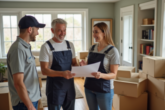 Couple et déménageur souriant avec cartons dans salon lumineux