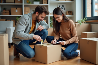Un couple organise ses affaires avec des cartons dans un appartement