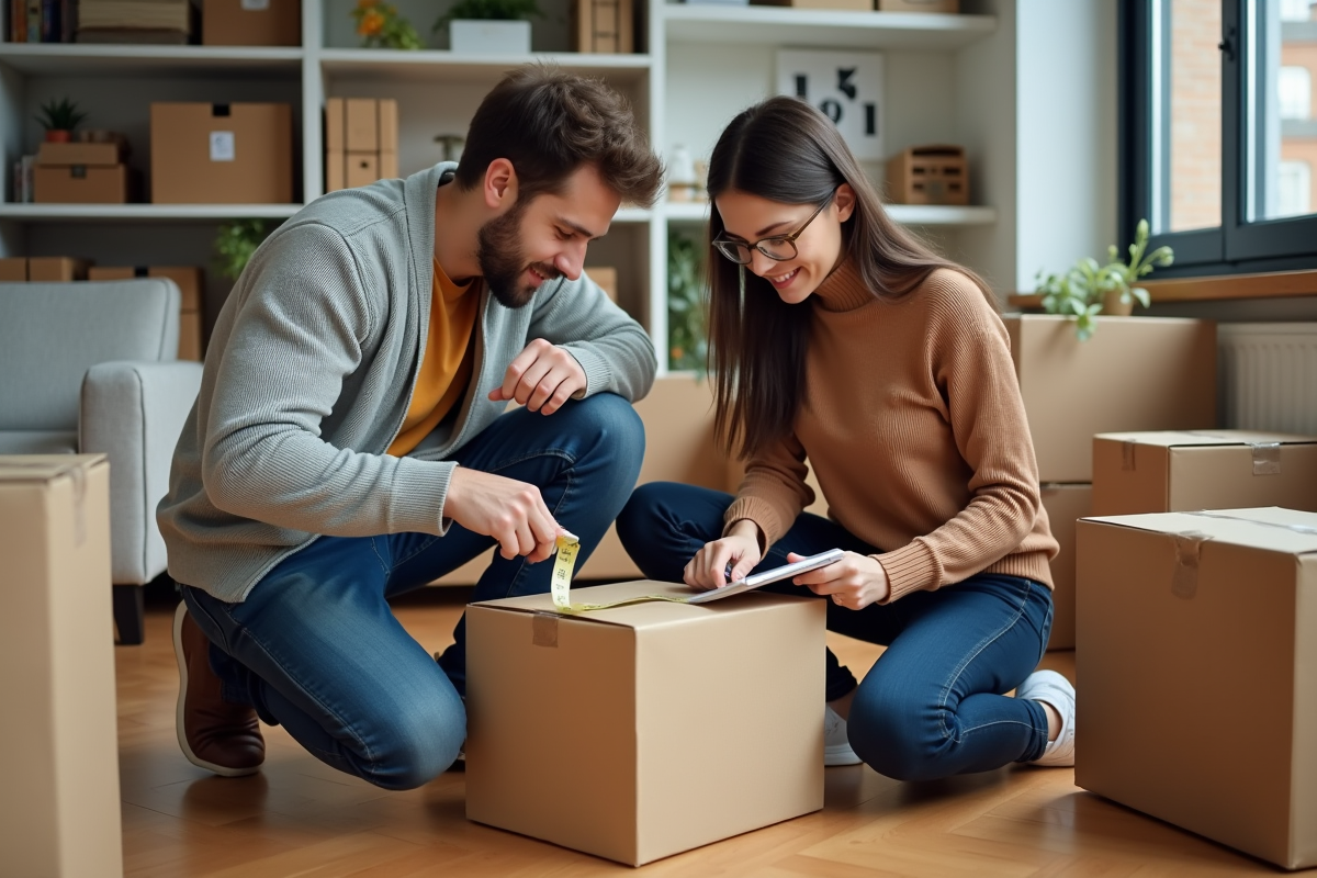 Un couple organise ses affaires avec des cartons dans un appartement