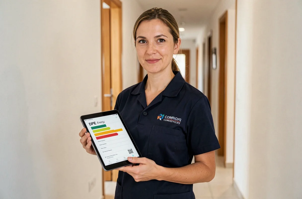 Technicienne de Diagamter Alpes-Maritimes tenant une tablette avec un rapport de diagnostic énergétique dans un couloir d'appartement moderne à Nice