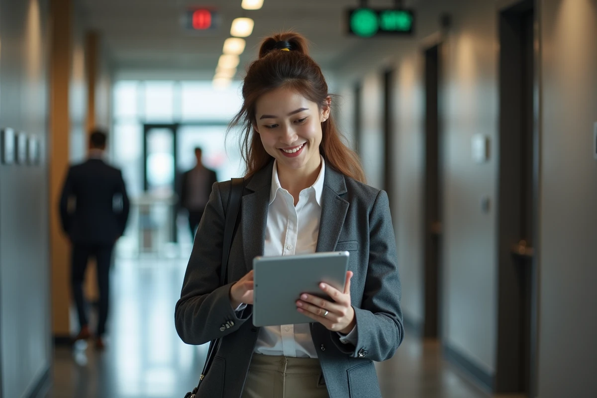 Jeune diagnosticien immobilier dans un couloir moderne