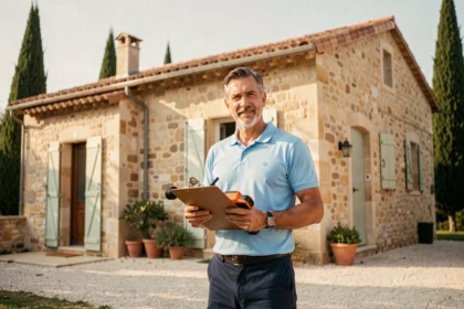 Diagnostiqueur immobilier professionnel devant un bâtiment résidentiel typique des Alpes-Maritimes avec clipboard et équipement de diagnostic
