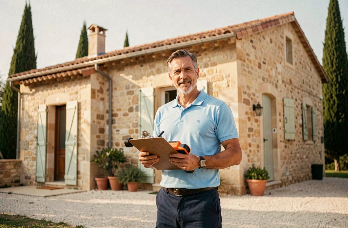 Diagnostiqueur immobilier professionnel devant un bâtiment résidentiel typique des Alpes-Maritimes avec clipboard et équipement de diagnostic