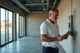 Diagnostiqueur immobilier professionnel inspectant un local commercial vide avec une check-list de diagnostics obligatoires pour bail commercial