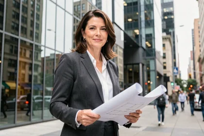 Directrice immobilière tenant des plans architecturaux devant un immeuble de bureaux moderne en centre-ville urbain