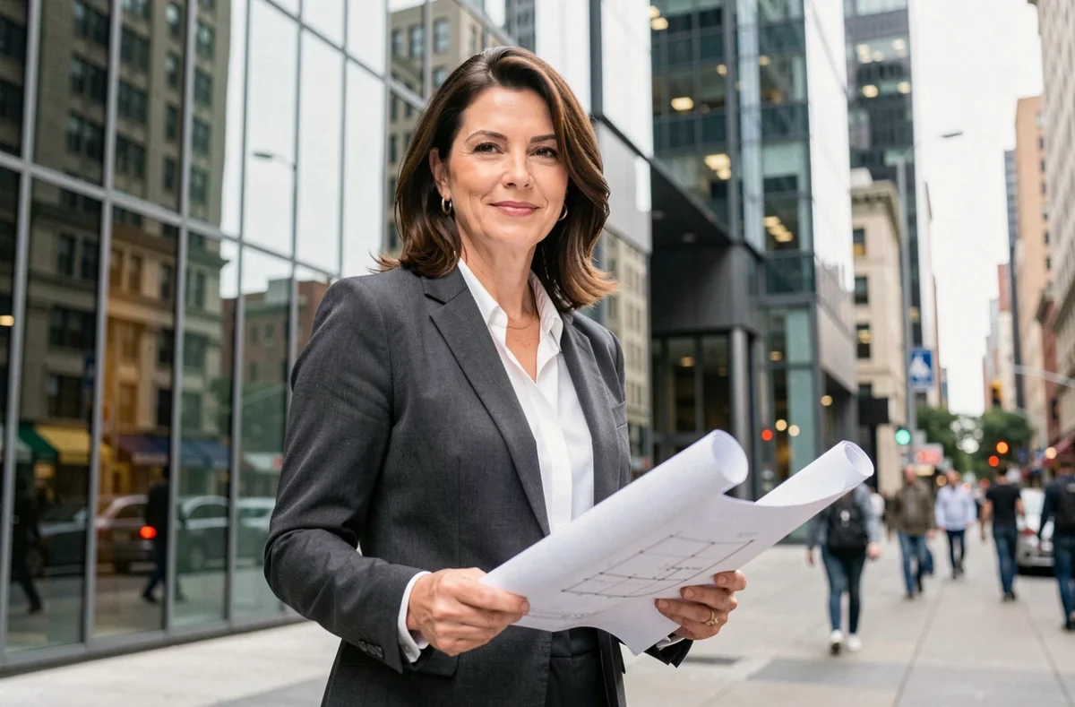 Directrice immobilière tenant des plans architecturaux devant un immeuble de bureaux moderne en centre-ville urbain