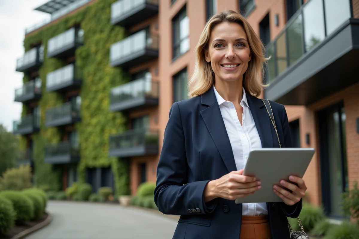Directrice immobilière RSE devant un immeuble résidentiel éco-responsable avec façade végétalisée et panneaux solaires en région