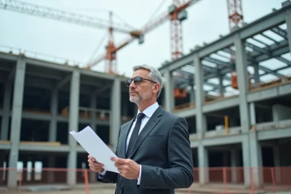 Dirigeant d'entreprise examinant des plans devant un chantier de bâtiment industriel en acier en cours de construction