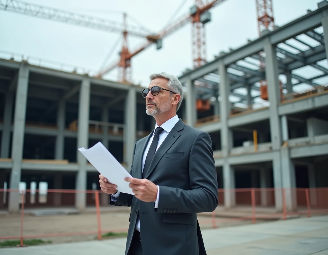 Dirigeant d'entreprise examinant des plans devant un chantier de bâtiment industriel en acier en cours de construction